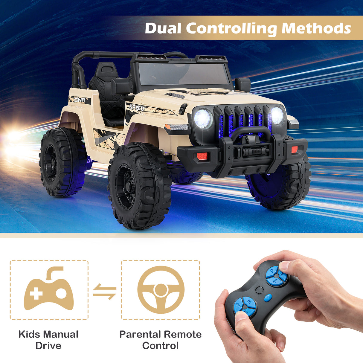 12V Kids Ride-on Jeep Car with 2.4 G Remote Control-Khaki