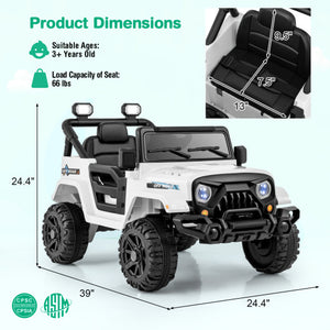 12V Kids Ride on Truck Car with Remote Control Threaded Wheels and 3 Speeds-White