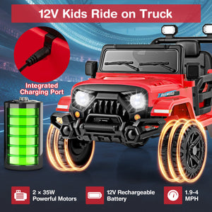 12V Kids Ride on Truck Car with Remote Control Threaded Wheels and 3 Speeds-Red