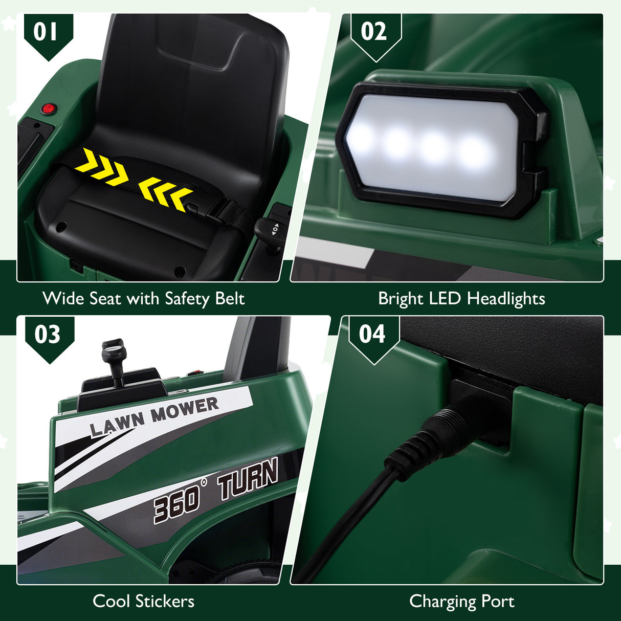 12V Ride on Lawn Mower for Kids with Dual Control Sticks and LED Lights-Green
