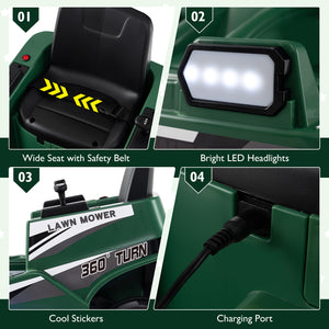 12V Ride on Lawn Mower for Kids with Dual Control Sticks and LED Lights-Green