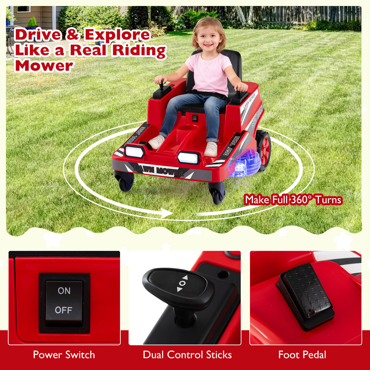 12V Ride on Lawn Mower for Kids with Dual Control Sticks and LED Lights-Red