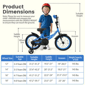 12/14/16/18 Inches Kids Bike with Removable Training Wheels and Adjustable Seatfor 3-8 Years Old Navy-16 inches