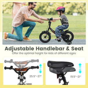 12/14/16/18 Inches Kids Bike with Removable Training Wheels and Adjustable Seatfor 3-8 Years Old Black-12 inches