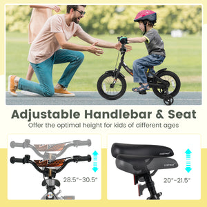 12/14/16/18 Inches Kids Bike with Removable Training Wheels and Adjustable Seatfor 3-8 Years Old Black-14 inches