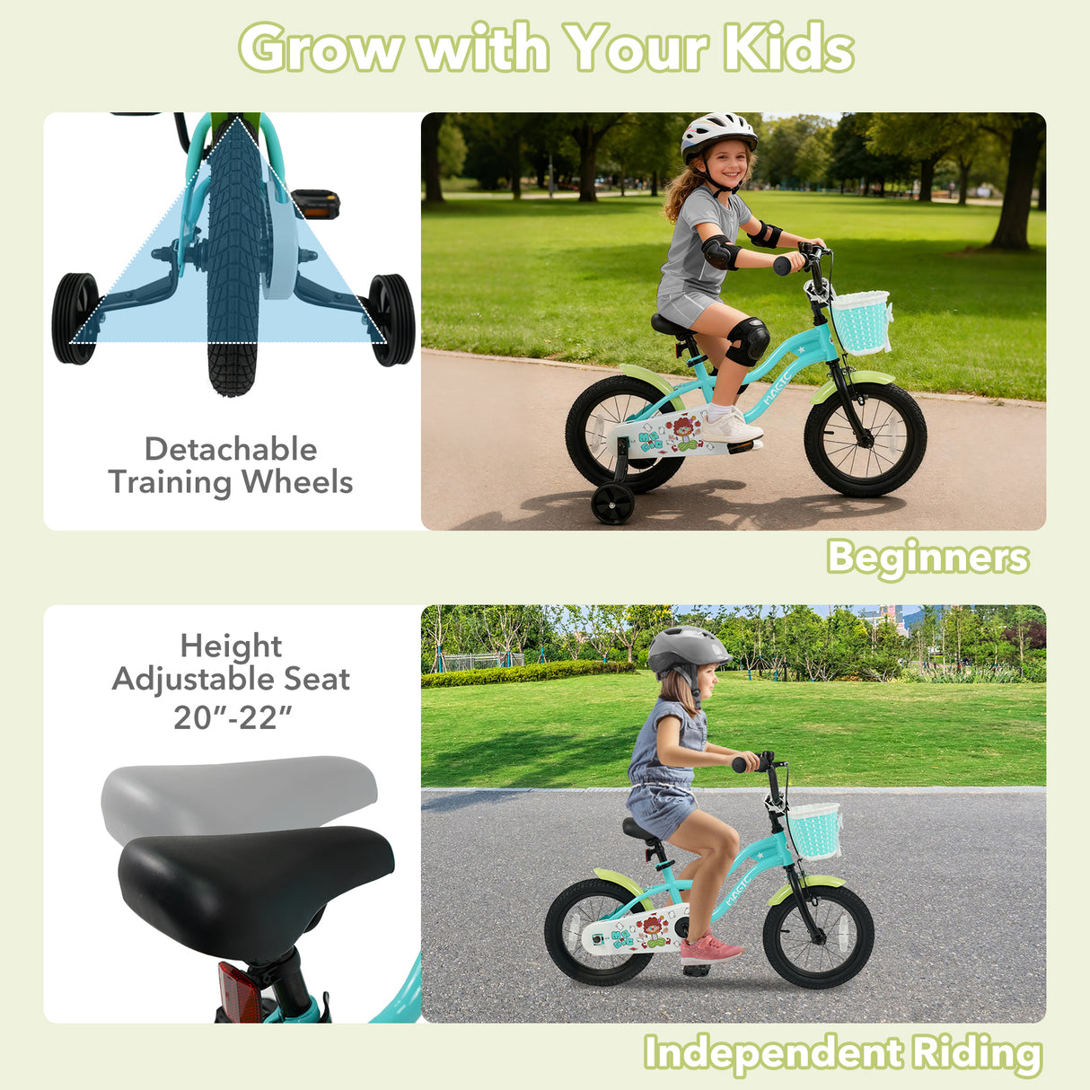 12/14/16 Inch Kids Bike with Training Wheels and Basket Green Color-14