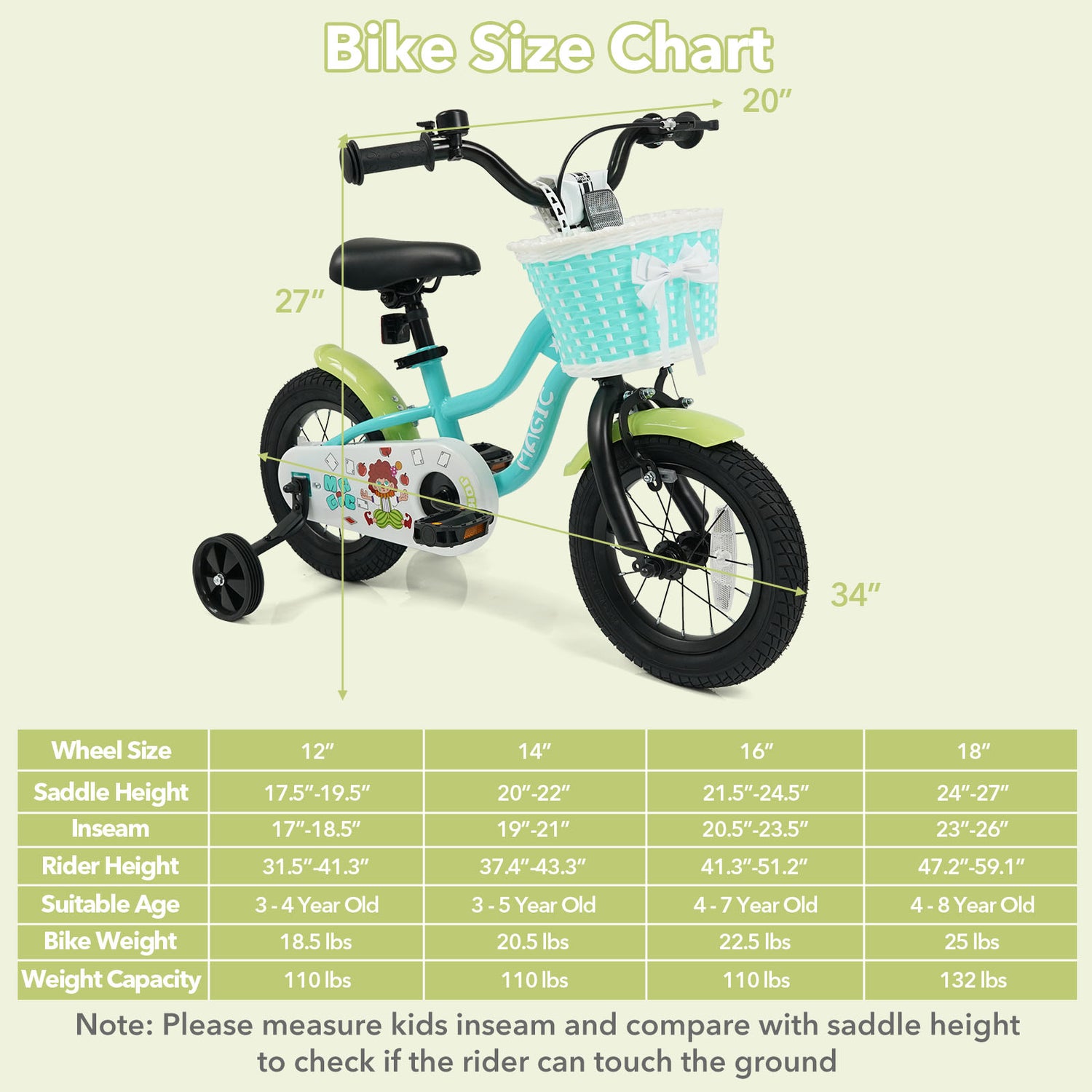 12/14/16 Inch Kids Bike with Training Wheels and Basket Green Color-12