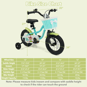 12/14/16 Inch Kids Bike with Training Wheels and Basket Green Color-12