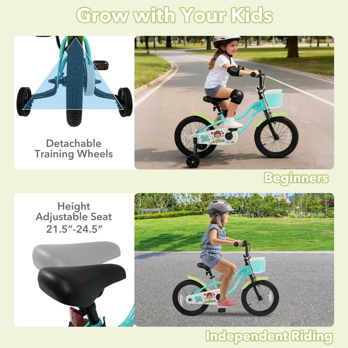 12/14/16 Inch Kids Bike with Training Wheels and Basket Green Color-16