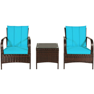3 Pcs Patio Conversation Rattan Furniture Set with Glass Top Coffee Table and Cushions-Gray