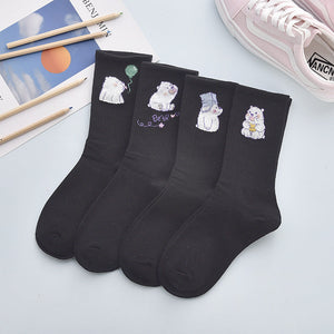 4Pair Spring And Summer Combed Out Of Pure Cotton Socks Mid Waist Fashion Bear Socks Cute Animal Socks Kawaii Cute Cartoon Purple College Socks For Men And Women