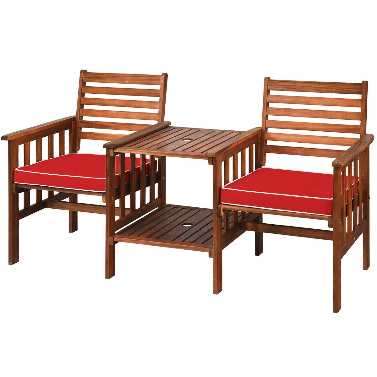 3 pcs Outdoor Patio Table Chairs Set Acacia Wood Loveseat-White