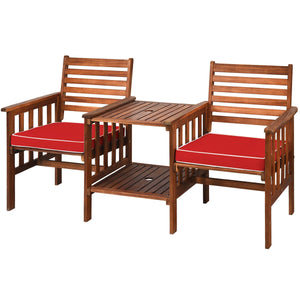 3 pcs Outdoor Patio Table Chairs Set Acacia Wood Loveseat-White