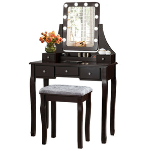 Vanity Dressing Table Set with 10 Dimmable Bulbs and Cushioned Stool-Black