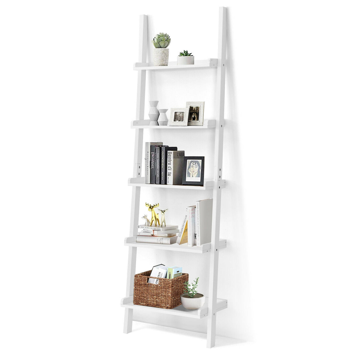 5-Tier Wall-leaning Ladder Shelf  Display Rack for Plants and Books-White