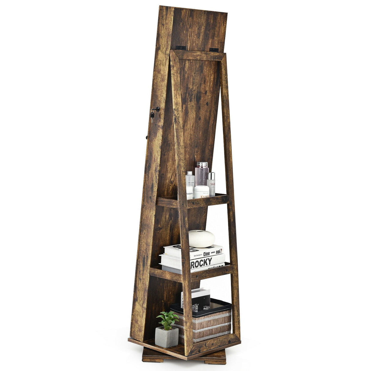 360 ° Rotatable 2-in-1 Lockable Jewelry Cabinet with Full-Length Mirror-Rustic Brown