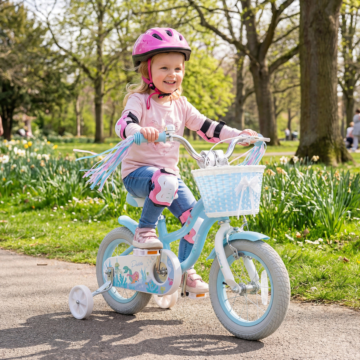 12-20 Inch Kids Bike Adjustable with Basket and Streamers Blue - Princess of the Sea Theme-12 Inch