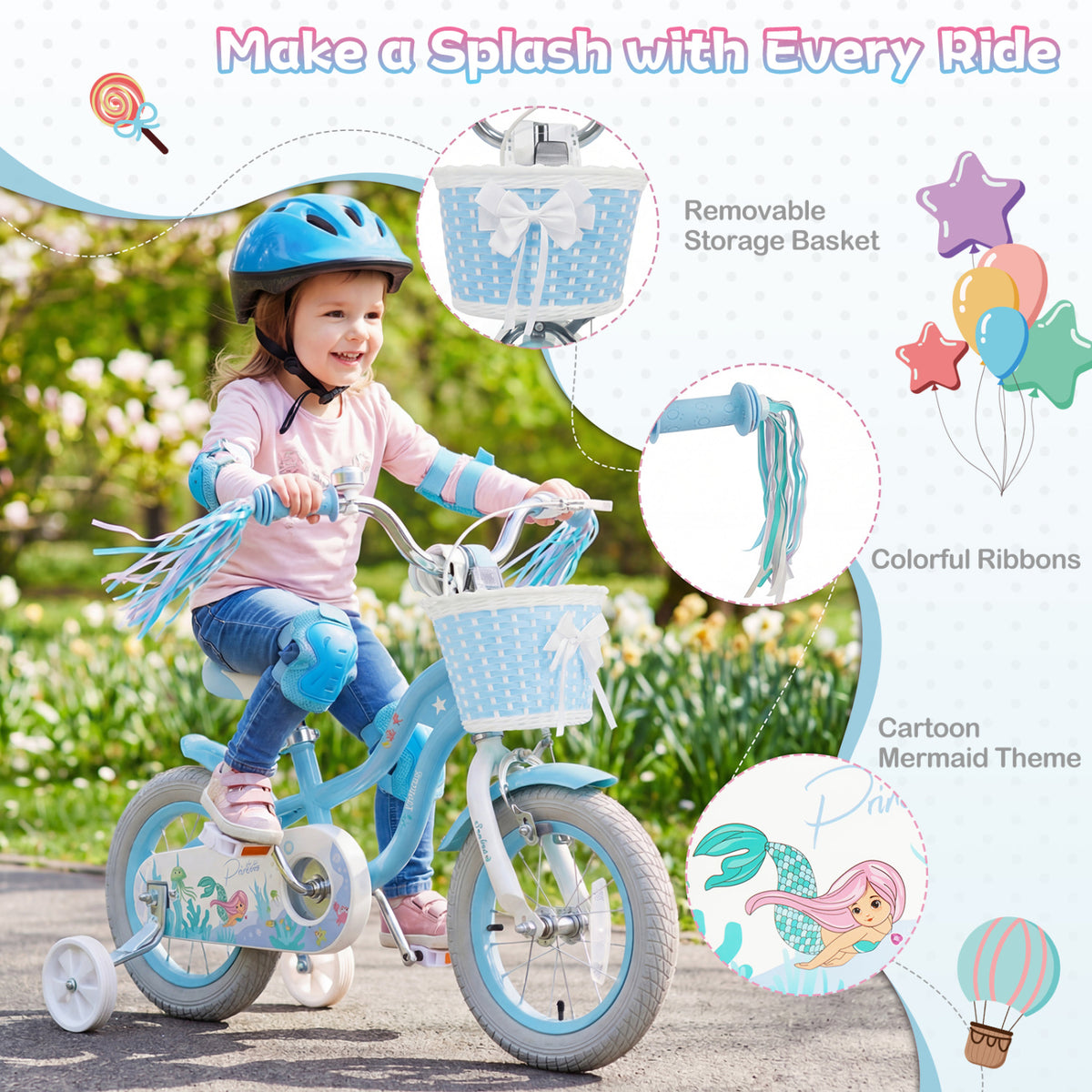 12-20 Inch Kids Bike Adjustable with Basket and Streamers Blue - Princess of the Sea Theme-12 Inch