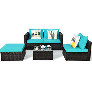 5 Pieces Patio Rattan Sectional Furniture Set with Cushions and Coffee Table -Navy