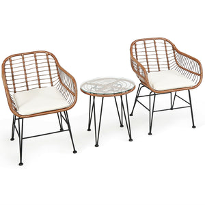 3 Pieces Patio Rattan Bistro Set with Cushion-White