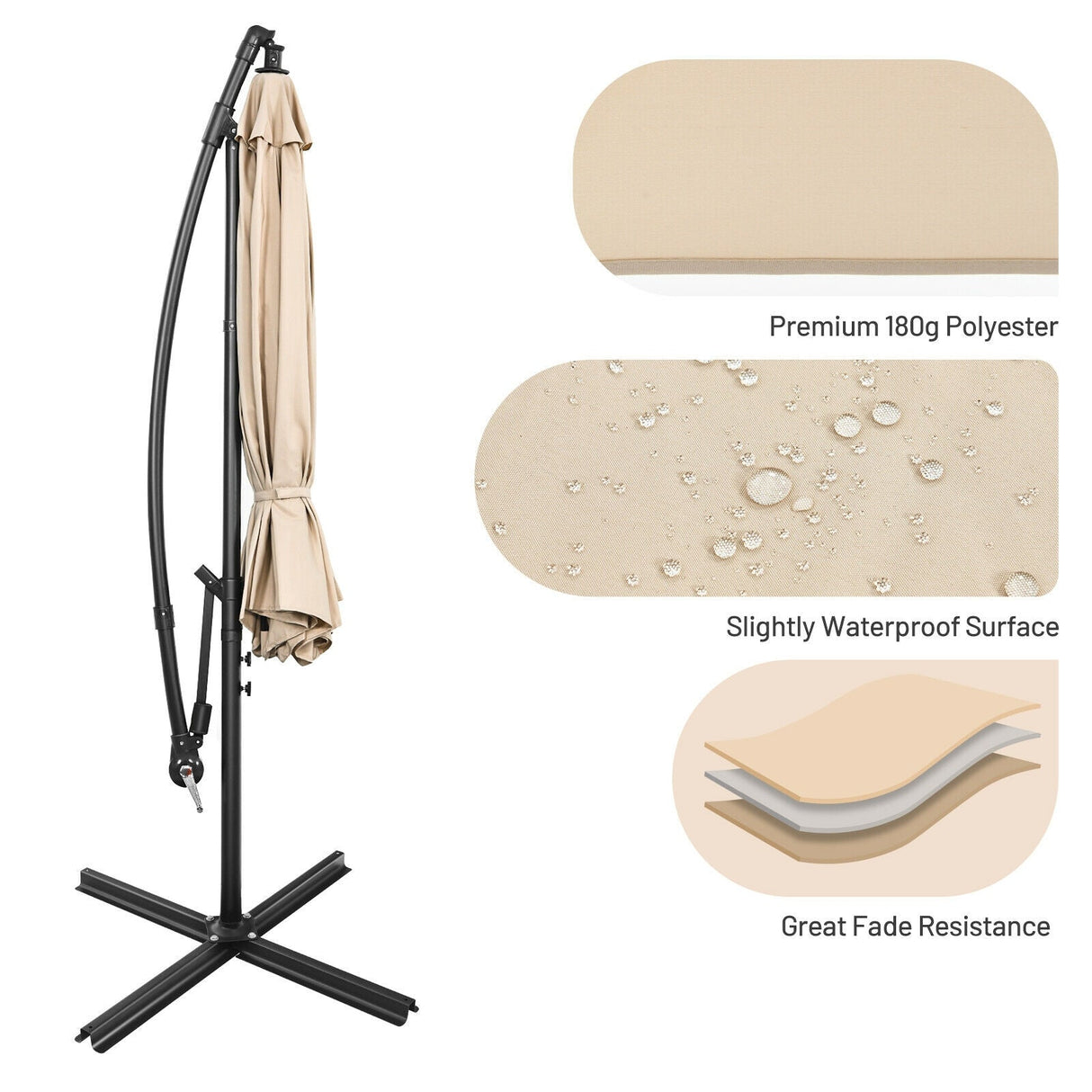 10 Feet Offset Umbrella with 8 Ribs Cantilever and Cross Base-Beige by DirectDeals