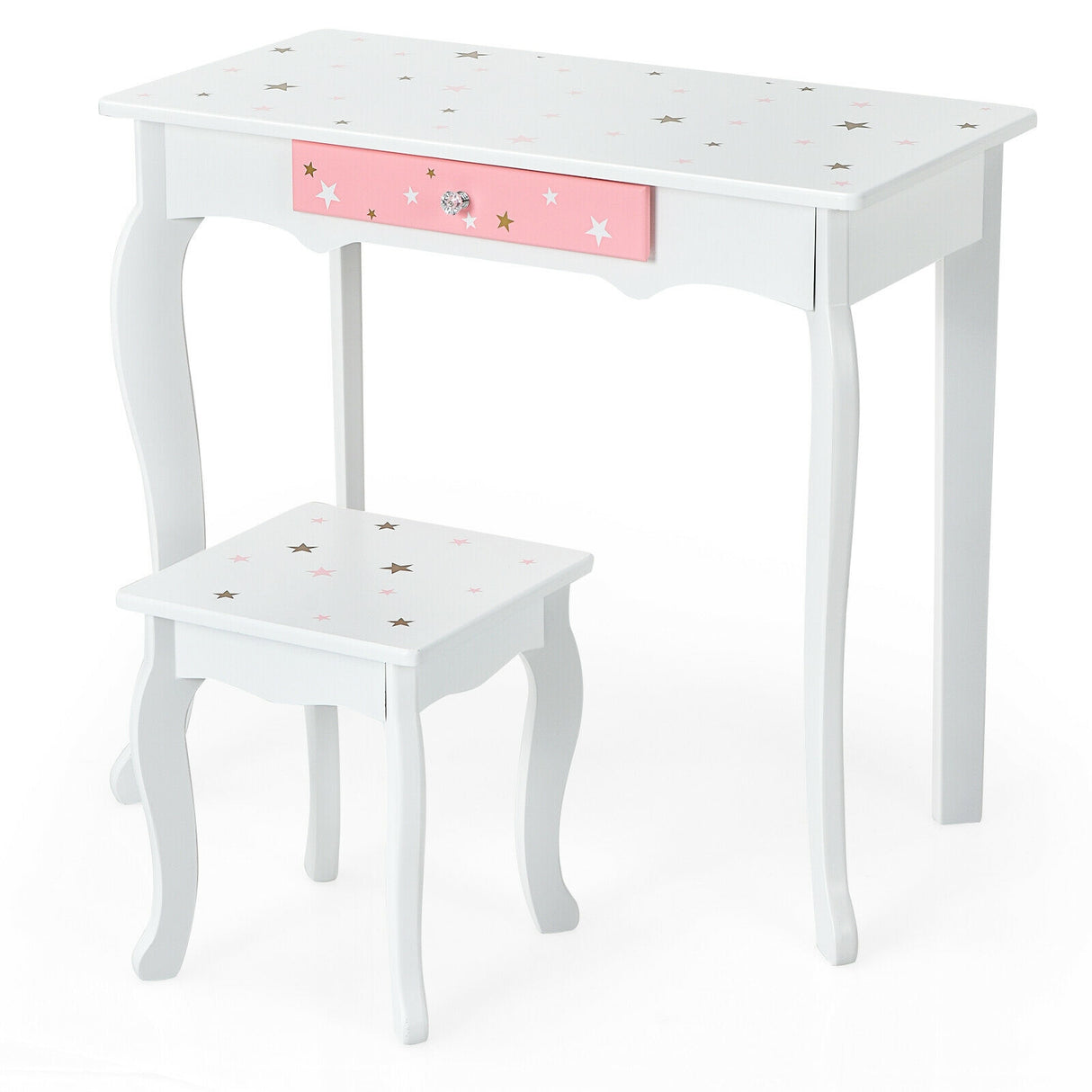 Kids Princess Vanity Table and Stool Set with Tri-folding Mirror and Drawer-Pink