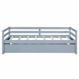 Twin Size Trundle Platform Bed Frame with  Wooden Slat Support-Gray
