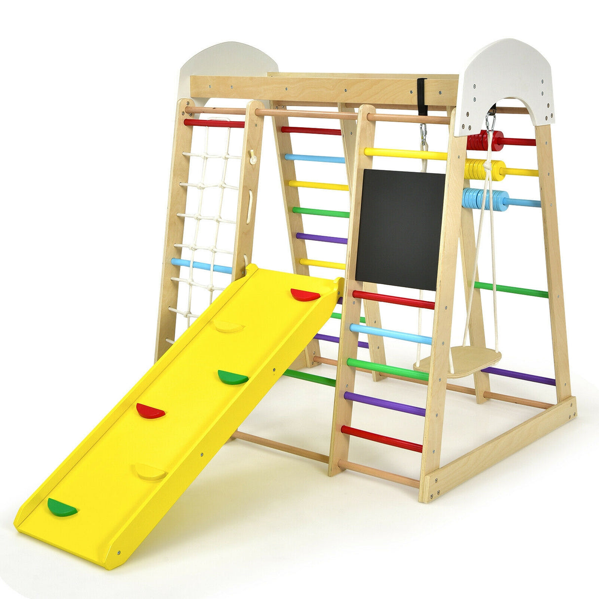 Indoor Playground Climbing Gym Wooden 8-in-1 Climber Playset for Children-Natural