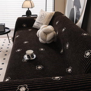 Chenille Camellia Floral Sofa Throw Cover Couch Blanket with Striped Jacquard