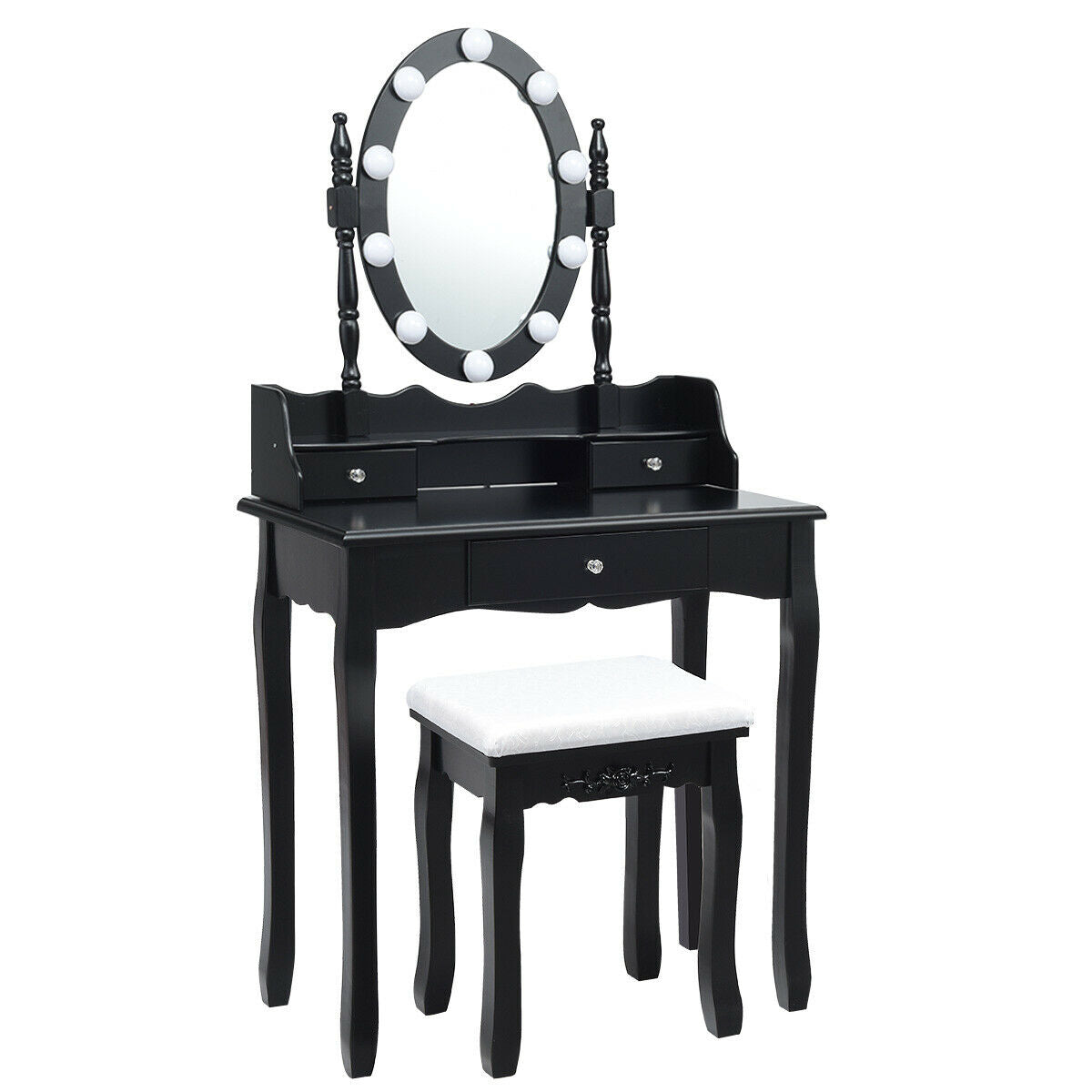 Oval Mirror Vanity Set  with 10 LED Dimmable Bulbs and 3 Drawers-Brown