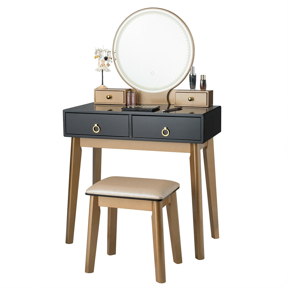 Set 3 Makeup Vanity Table Color Lighting Jewelry Divider Dressing Table-White