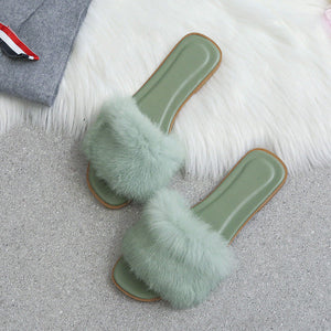 Fashion Fur Flat Women's Slippers Plus Size Spring Summer Fluffy Fur Slippers Shoes Woman Plush Fur Slip On Flip Flop Flat Furry Fur Slides Outdoor Sandals Furry Slides Summer Sandals Open Toe Indoor Outdoor Fluffy Slides