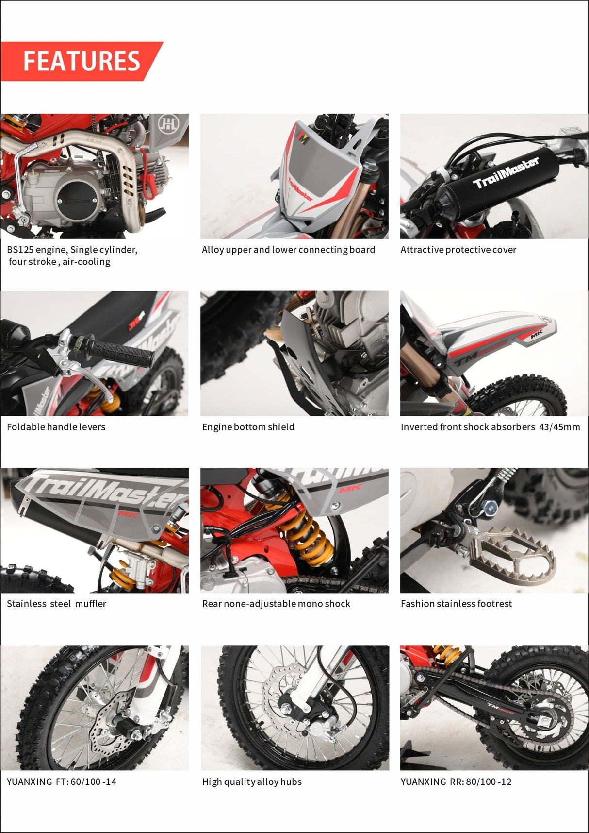 TrailMaster MK125E Pro Series Dirt Bike, BOSCH EFI, 4-Speed, Electric Start, Dual Disc Brakes, (14/12) Wheels