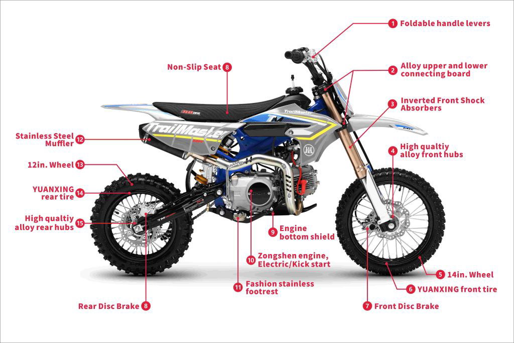 TrailMaster MK125E Pro Series Dirt Bike, BOSCH EFI, 4-Speed, Electric Start, Dual Disc Brakes, (14/12) Wheels