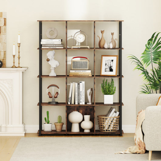 12-Cube Bookcase with 2 Anti-tipping Kits for Living Room-Rustic Brown
