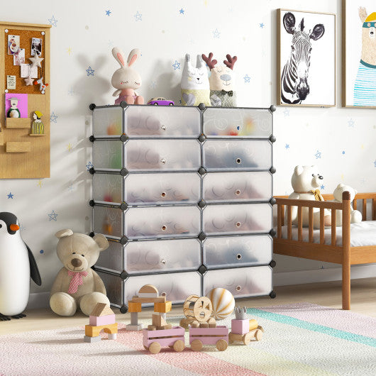 12-Cube DIY Portable Plastic Shoe Rack with Transparent Doors-White