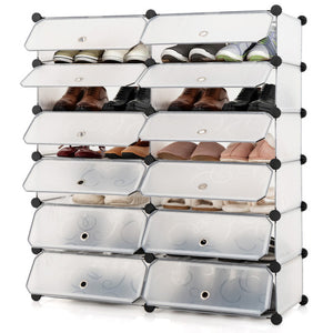 12-Cube DIY Portable Plastic Shoe Rack with Transparent Doors-White