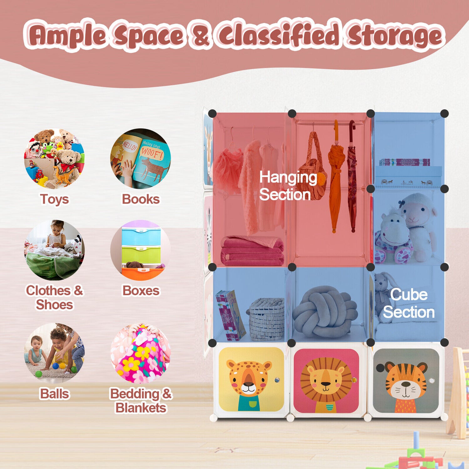 12 Cube Kids Wardrobe Closet with Hanging Section and Doors-White