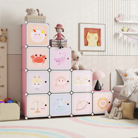 12 Cube Kids Wardrobe Closet with Hanging Section and Doors-White and Pink