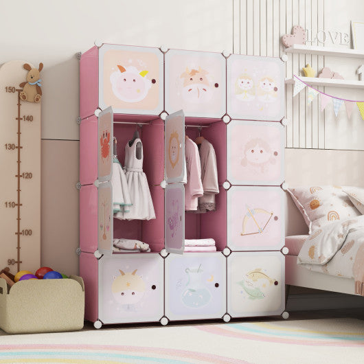 12 Cube Kids Wardrobe Closet with Hanging Section and Doors-White and Pink
