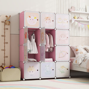 12 Cube Kids Wardrobe Closet with Hanging Section and Doors-White and Pink