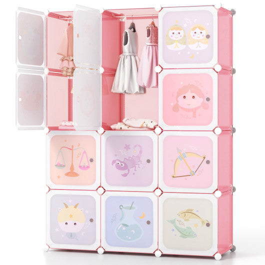 12 Cube Kids Wardrobe Closet with Hanging Section and Doors-White and Pink