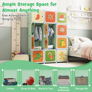 12 Cube Kids Wardrobe Closet with Hanging Section and Doors-Green