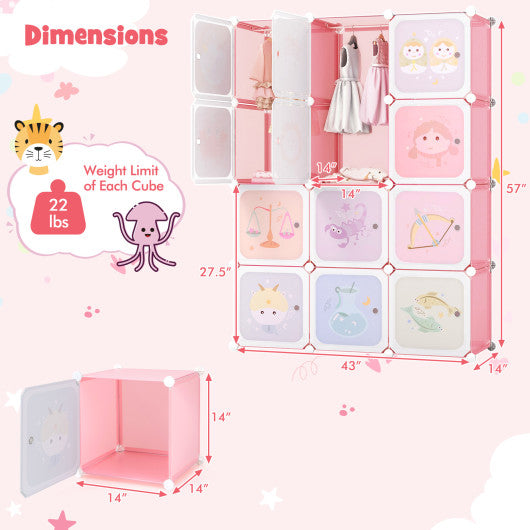 12 Cube Kids Wardrobe Closet with Hanging Section and Doors-White and Pink