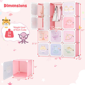12 Cube Kids Wardrobe Closet with Hanging Section and Doors-White and Pink