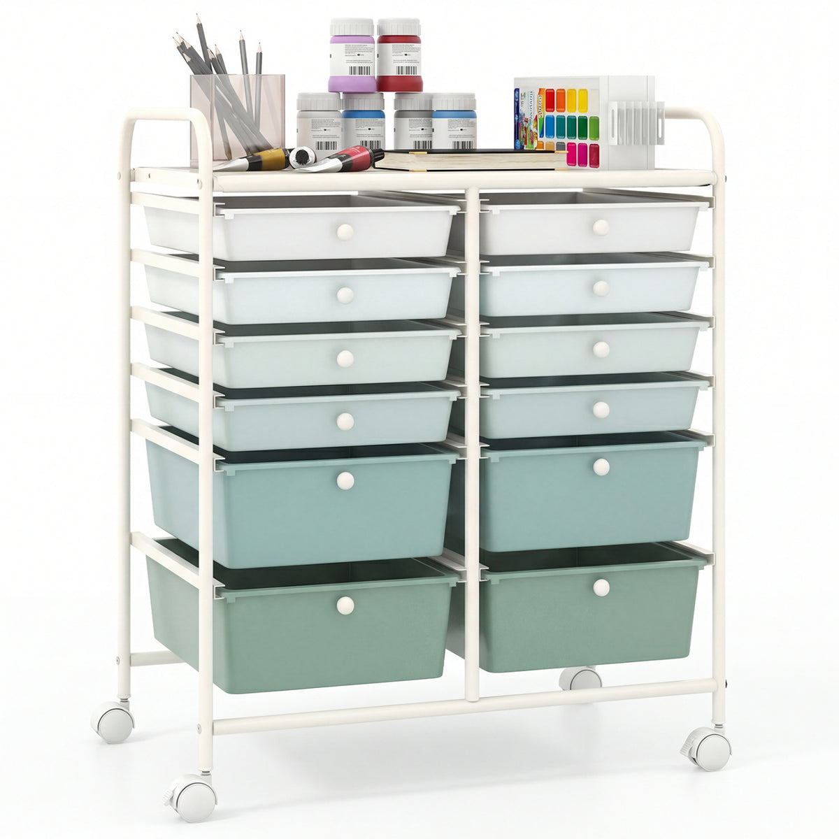 12-Drawer Rolling Storage Cart with Removable Drawers and Lockable Wheels-Green Gradient