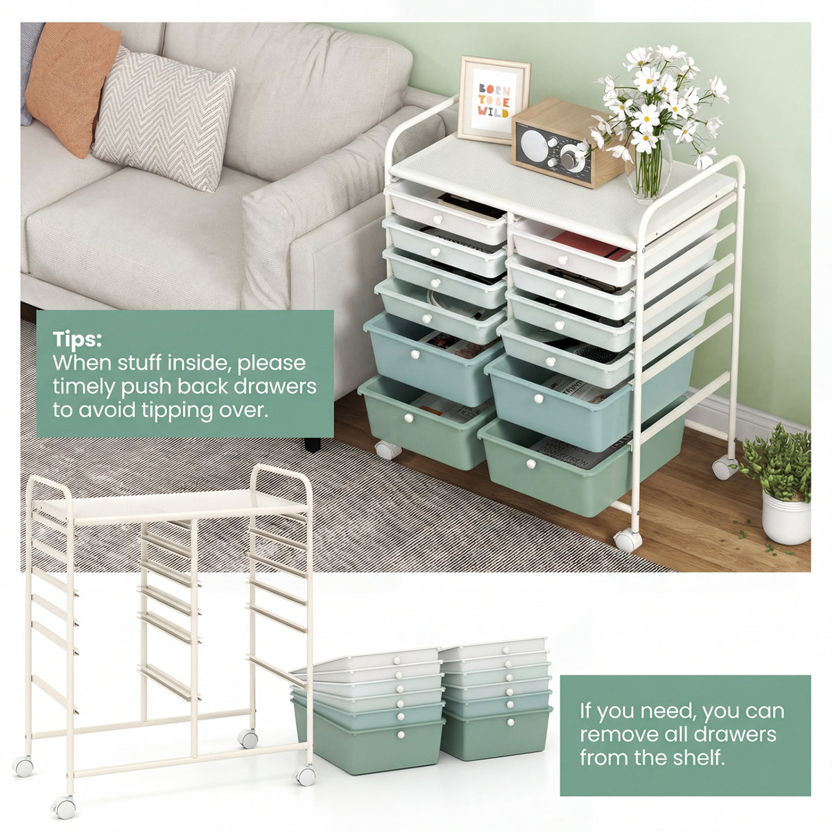 12-Drawer Rolling Storage Cart with Removable Drawers and Lockable Wheels-Green Gradient
