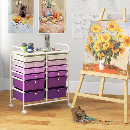 12-Drawer Rolling Storage Cart with Removable Drawers and Lockable Wheels-Purple