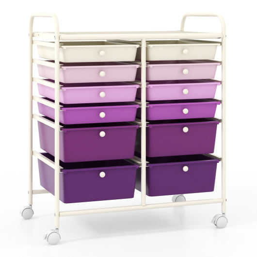 12-Drawer Rolling Storage Cart with Removable Drawers and Lockable Wheels-Purple