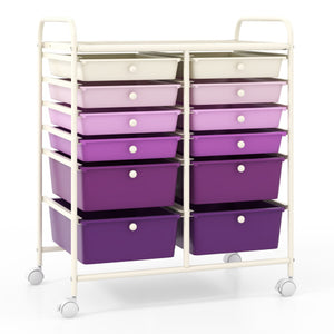12-Drawer Rolling Storage Cart with Removable Drawers and Lockable Wheels-Purple